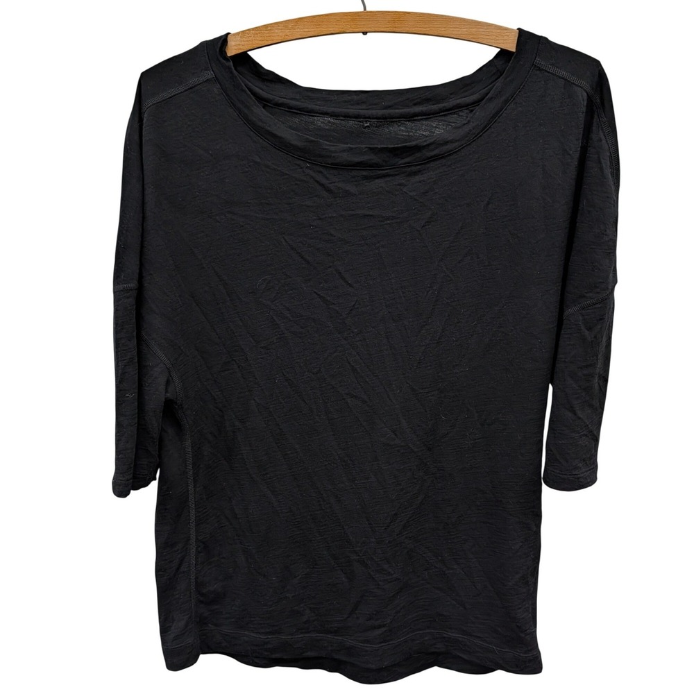 Paskho Women's Black 100% Merino Wool 3/4 Sleeve Scoop Neck Boxy Top- Small